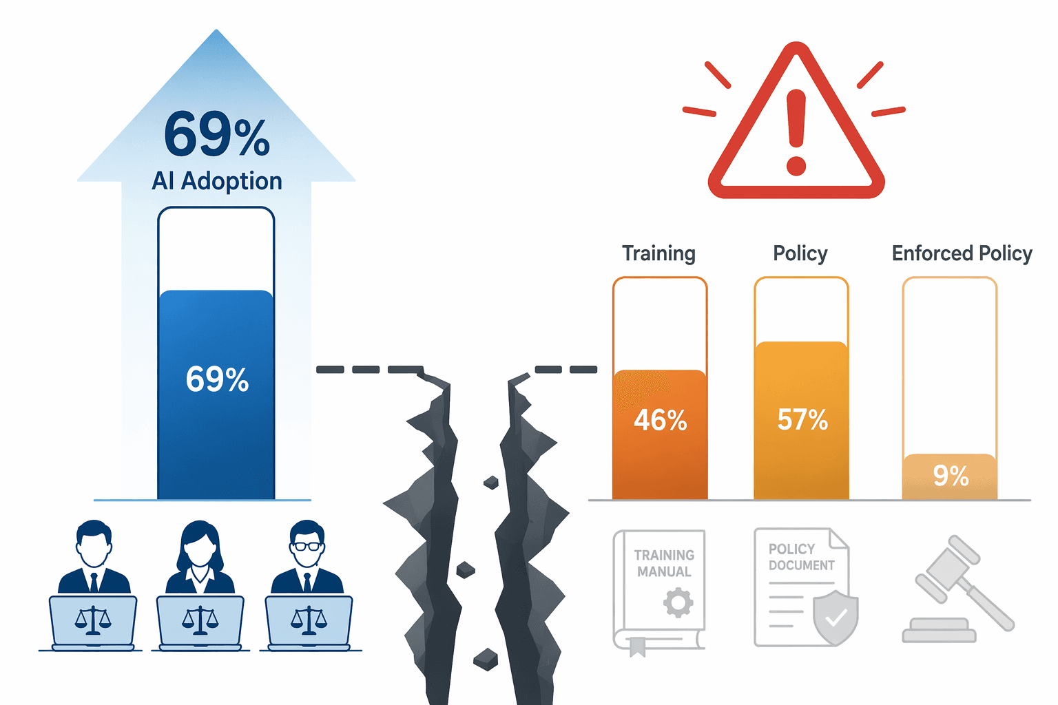 Editorial flat illustration comparing a 69% filled adoption progress bar on the left against three low-filled governance bars on the right (46% training, 57% policy, 9% enforced policy), with a broken-line gap symbol between the two sides and a warning icon above the governance bars.