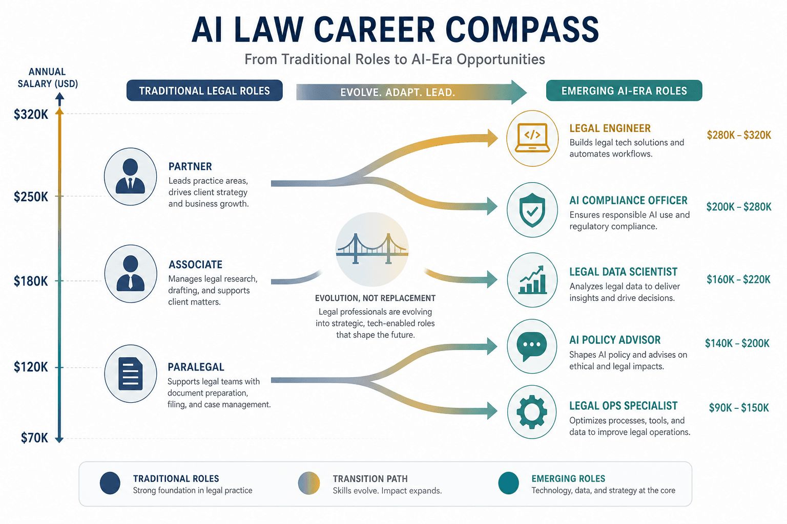 A flat vector infographic on a white background showing a legal career spectrum. Muted blue-gray traditional role icons (associate, paralegal, partner) sit on the left, transitioning through bridge-like arrows to bright gold and teal icons on the right representing AI-era roles (Legal Engineer, AI Compliance Officer, Legal Data Scientist, AI Policy Advisor, Legal Ops Specialist) arranged vertically from approximately $70K at the bottom to $320K at the top. Corporate blue, teal, warm gray, and gold palette.
