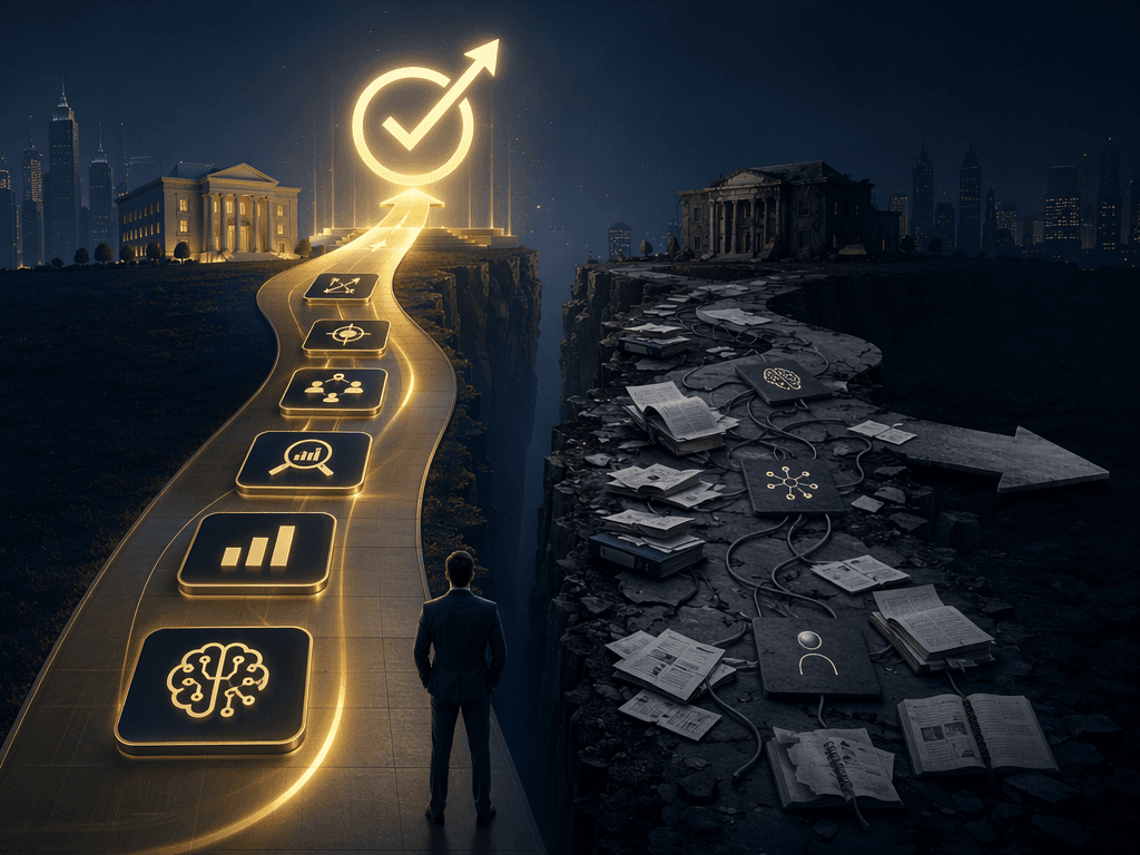 Split-path visual: glowing organized pathway with AI strategy and measurement symbols leading upward to an ROI target on the left, dim cluttered pathway with scattered billing ledgers leading sideways to a flat arrow on the right.