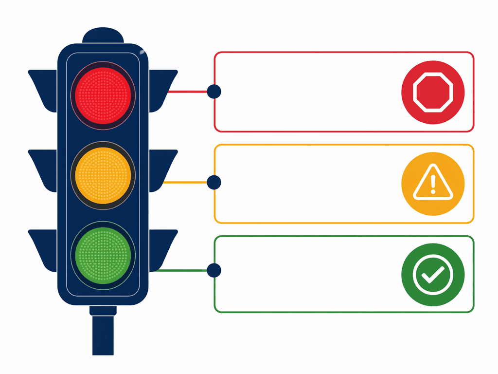 A flat vector traffic-light diagram with three vertical zones: red with stop symbol, yellow with caution symbol, and green with checkmark.