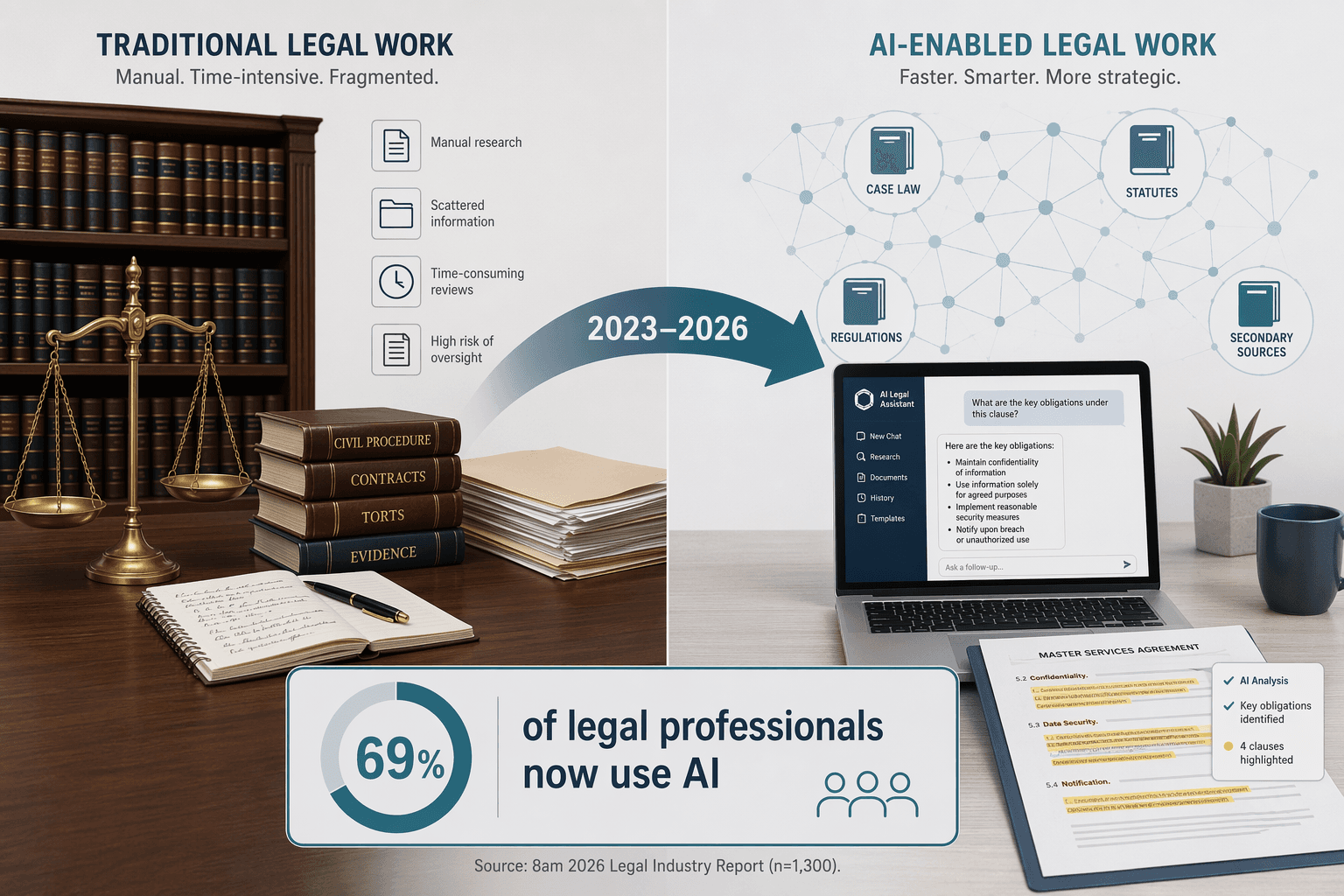 Split-comparison editorial flat illustration showing traditional law library with books and scales on the left, modern desk with laptop and AI document analysis on the right, connected by a curved arrow labeled '2023–2026', with a data callout at the bottom reading '69% of legal professionals now use AI' cited to the 8am 2026 Legal Industry Report.