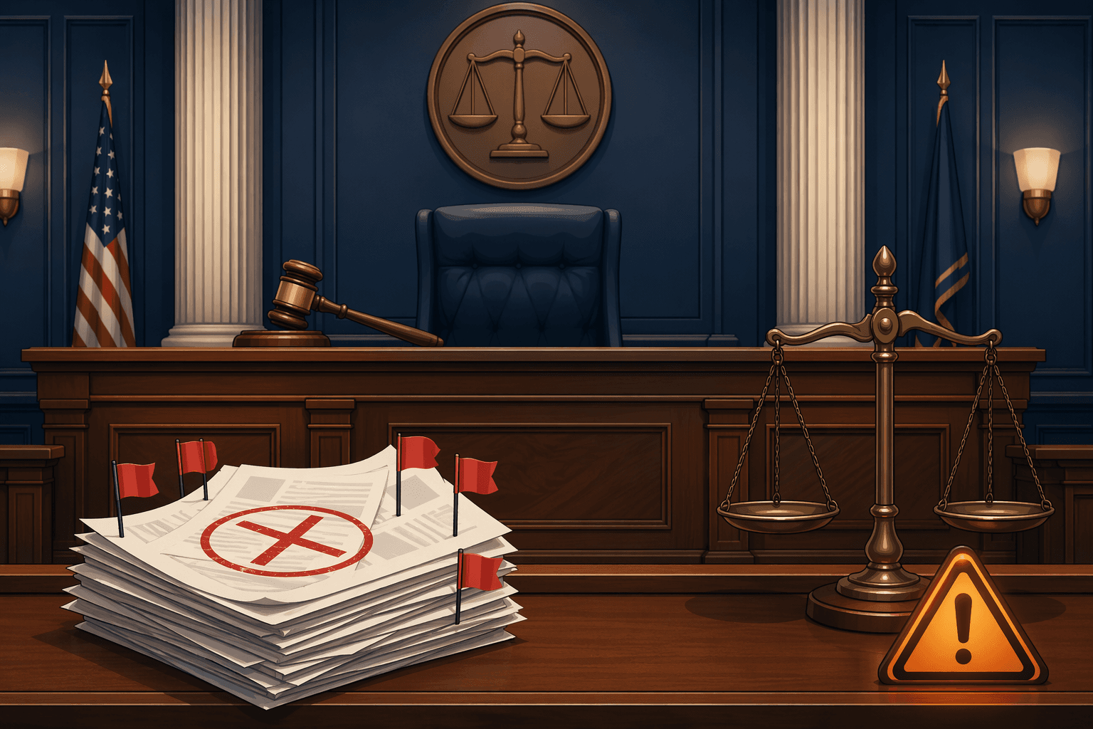 A symbolic courtroom scene with a judge's bench and gavel, and a stack of papers with a red X stamp and red flags representing AI-generated filings that led to sanctions.