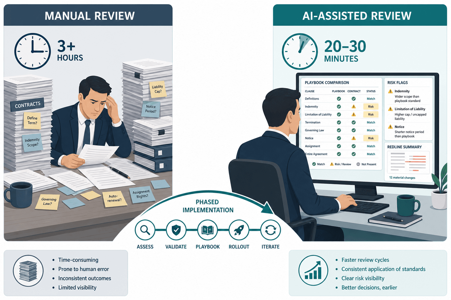 Two-panel illustration comparing manual contract review (3 hours) with AI-assisted review (20 minutes), connected by a phased implementation arrow with five nodes.
