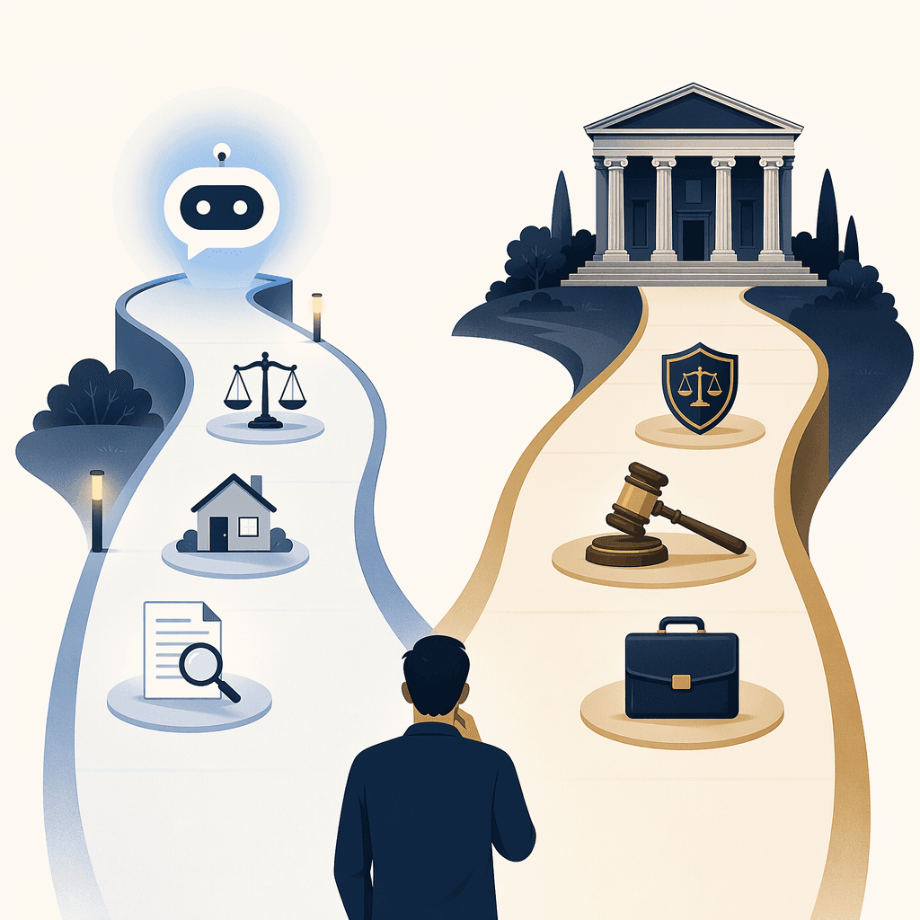 A fork-in-the-road decision path showing a digital pathway for simple legal tasks and a formal courthouse pathway for high-stakes legal matters.