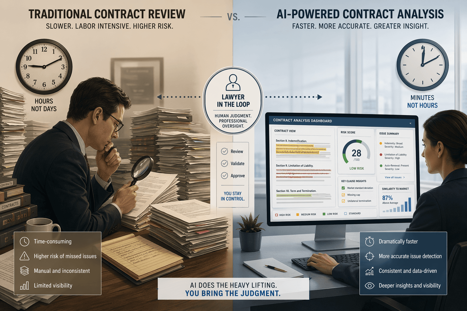Split-scene illustration contrasting traditional manual contract review with AI-powered contract analysis, connected by a human oversight indicator.
