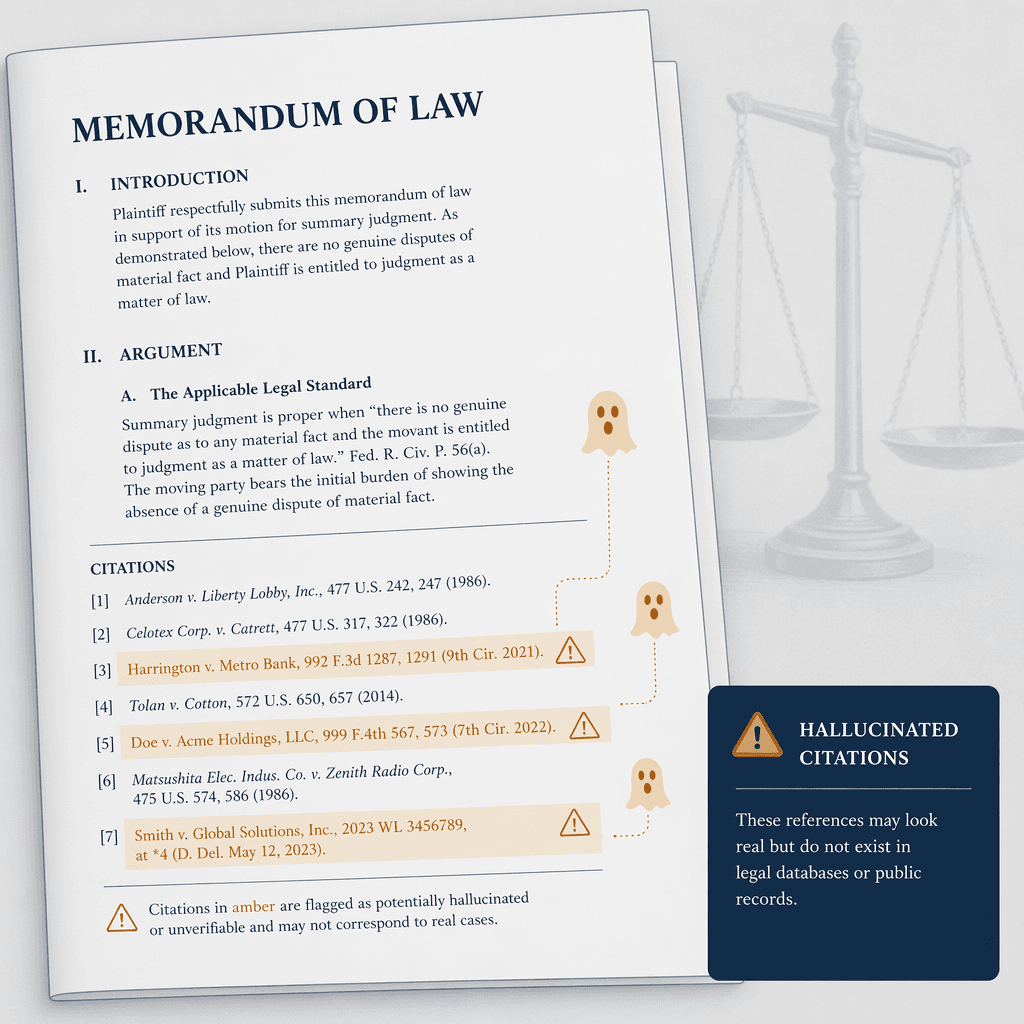 A flat vector illustration of a legal document page with realistic-looking citation entries, several of which are highlighted in warm amber with small ghost-like warning indicators hovering above them to indicate fabricated or hallucinated citations. Faint scales of justice in the background. Deep navy, slate blue, and amber color palette on light gray background.