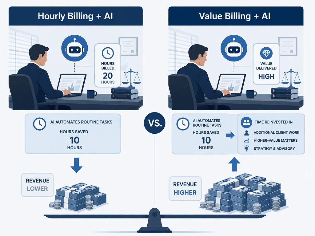 A side-by-side comparison illustration showing two law firm billing scenarios: left side 'Hourly Billing + AI' with fewer hours billed and a downward arrow to smaller revenue, and right side 'Value Billing + AI' with hours redirected to higher-value work and an upward arrow to larger revenue