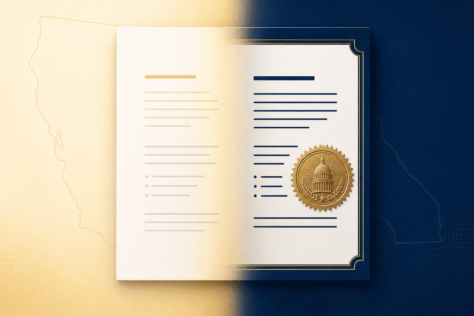 Split editorial illustration showing a soft advisory document on the left transforming into an officially sealed authoritative document on the right, in California gold and deep navy.