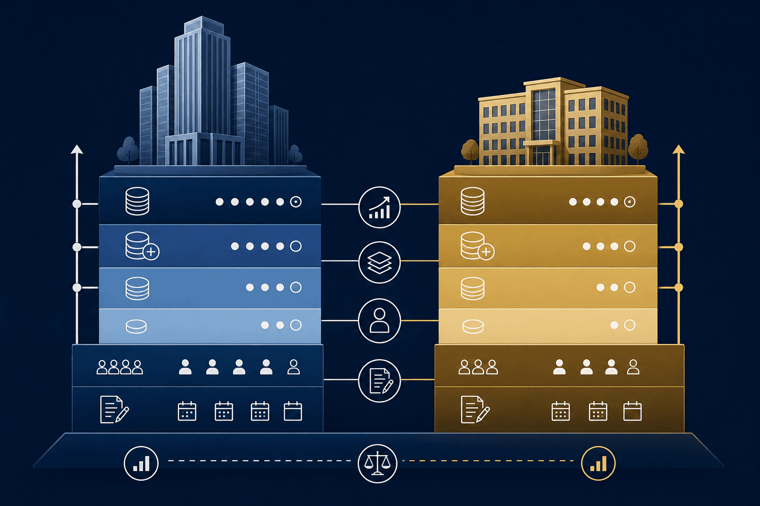 Flat-design illustration showing two vertical pricing columns representing large-firm and mid-market pricing tiers with ascending renewal escalation lines.