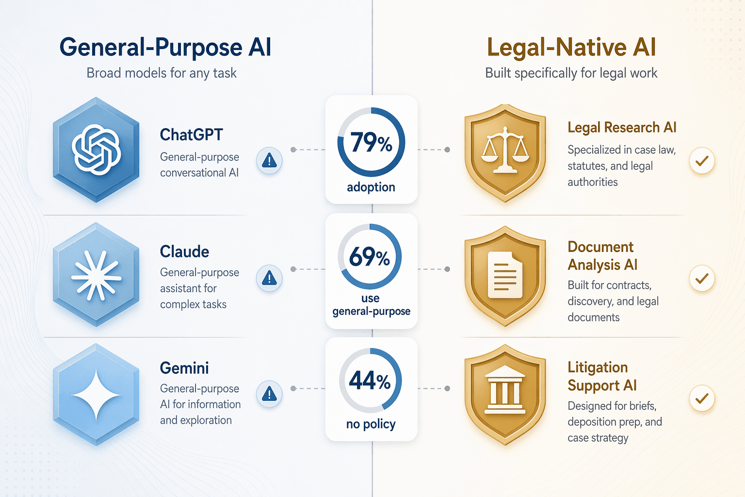 Split-screen editorial illustration comparing General-Purpose AI and Legal-Native AI with adoption statistics.