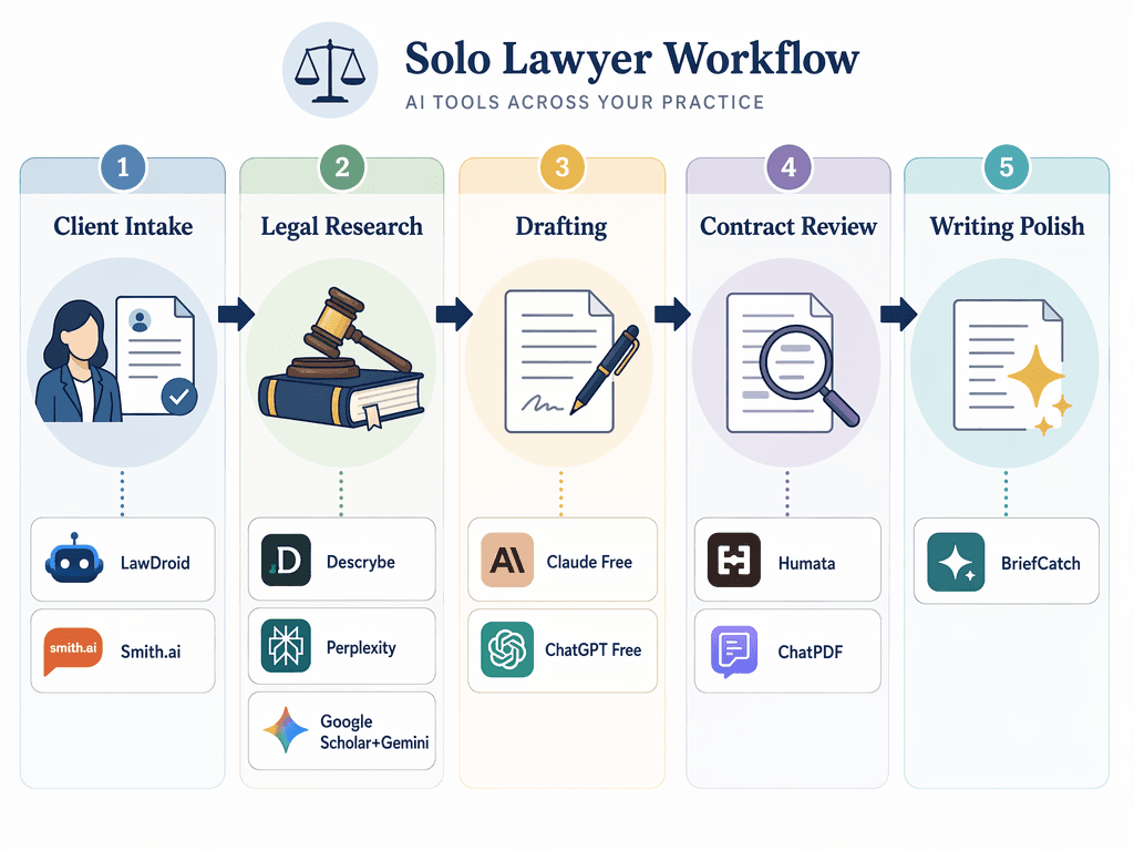A workflow map illustration with five labeled horizontal columns — Client Intake, Legal Research, Drafting, Contract Review, Writing Polish — each containing small tool cards listing LawDroid/Smith.ai, Descrybe/Perplexity/Google Scholar+Gemini, Claude Free/ChatGPT Free, Humata/ChatPDF, and BriefCatch respectively, flowing left to right across the composition.