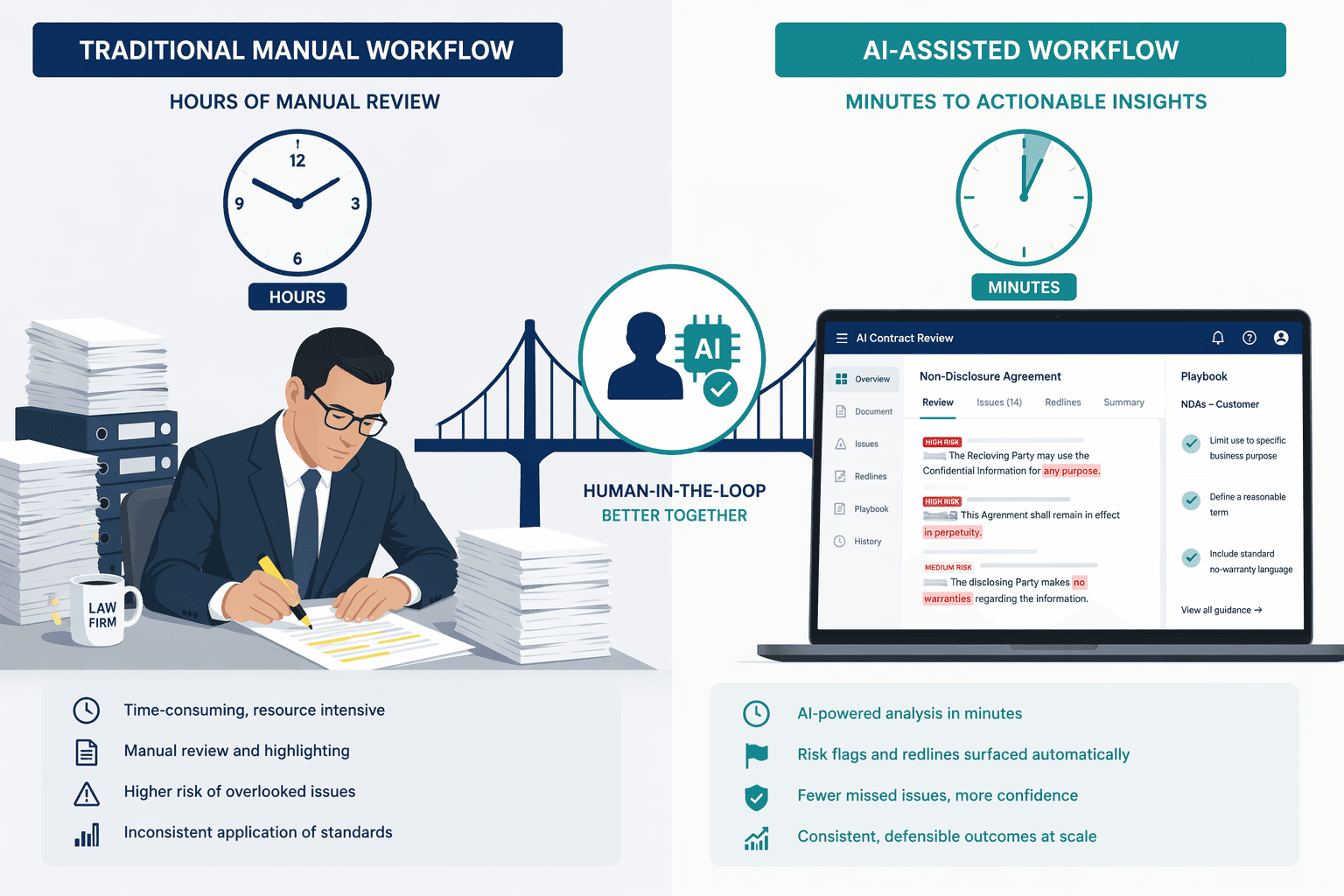 Split-screen illustration comparing traditional manual contract review on the left with AI-assisted contract review on the right, with a human-in-the-loop icon bridging the two sides.