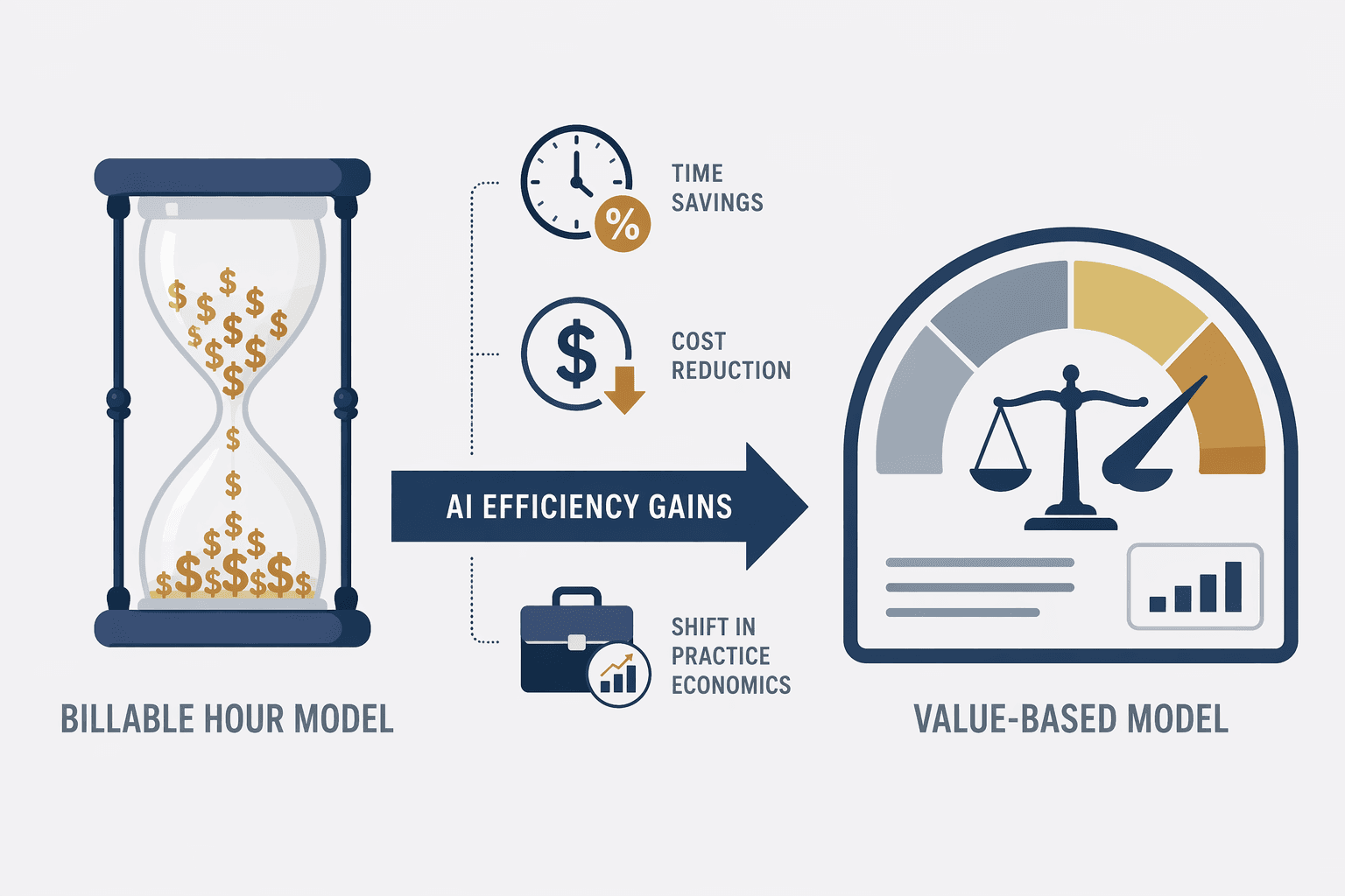Infographic showing law firm economics transformation from billable hour model through AI efficiency gains to value-based model.