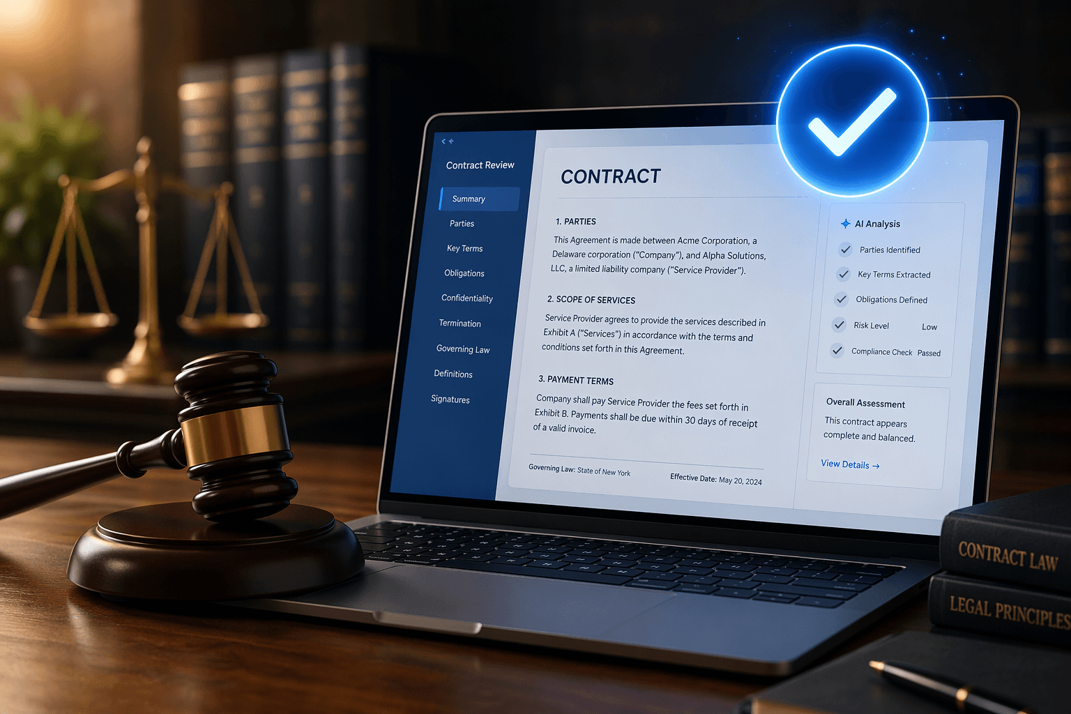 A wooden judge's gavel rests on a desk beside a laptop displaying a clean legal contract document interface with a glowing blue checkmark badge floating above the screen, combining legal authority with technology evaluation.