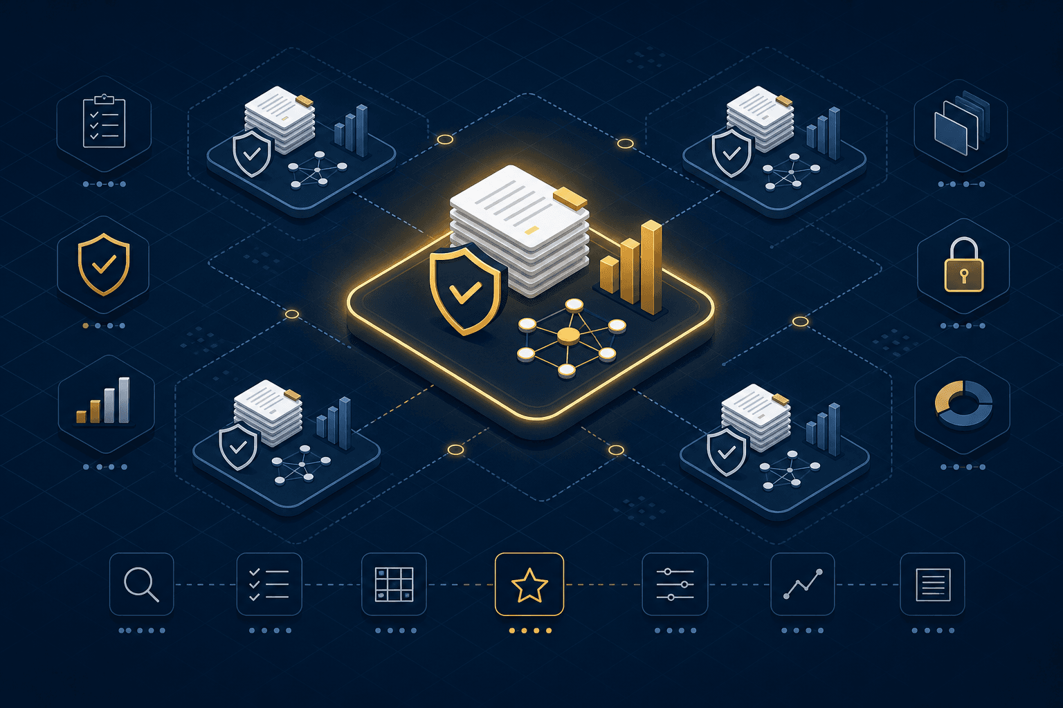 Isometric flat-design illustration of an enterprise legal AI evaluation framework showing document, security, financial, and agent icons arranged in a structured matrix on a deep navy background.