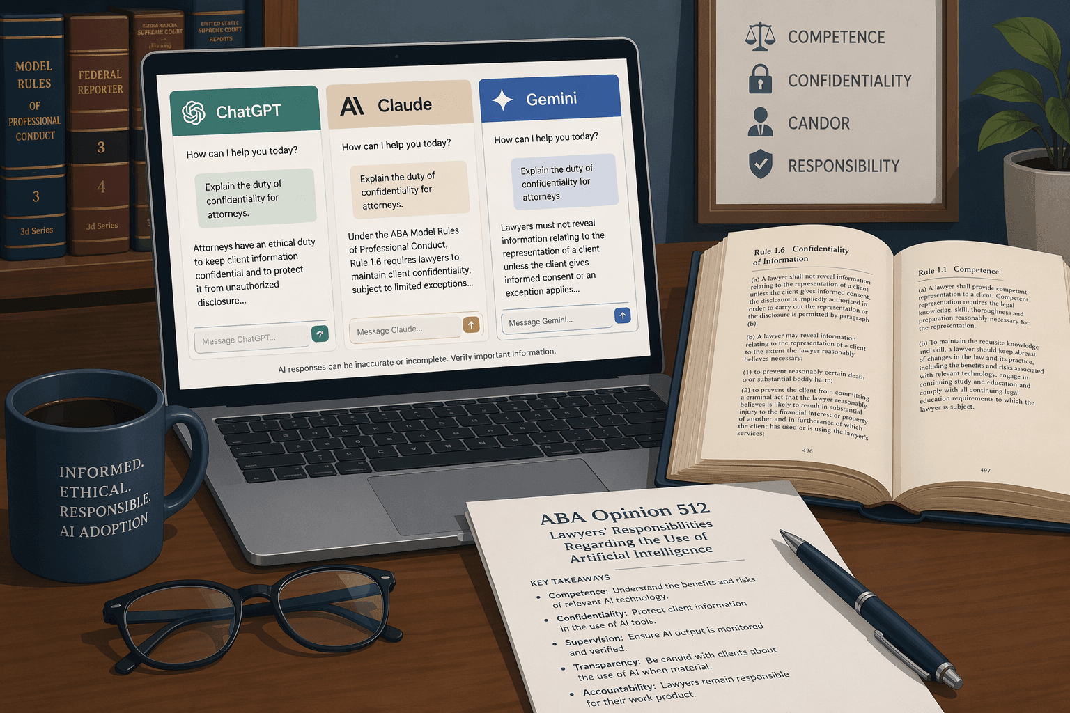A flat vector illustration of a lawyer's wooden desk featuring an open laptop displaying three labeled AI chatbot interface panels in muted blue, gray, and green tones, beside an open law book and a printed document titled 'ABA Opinion 512', with eyeglasses and a coffee cup completing the scene.