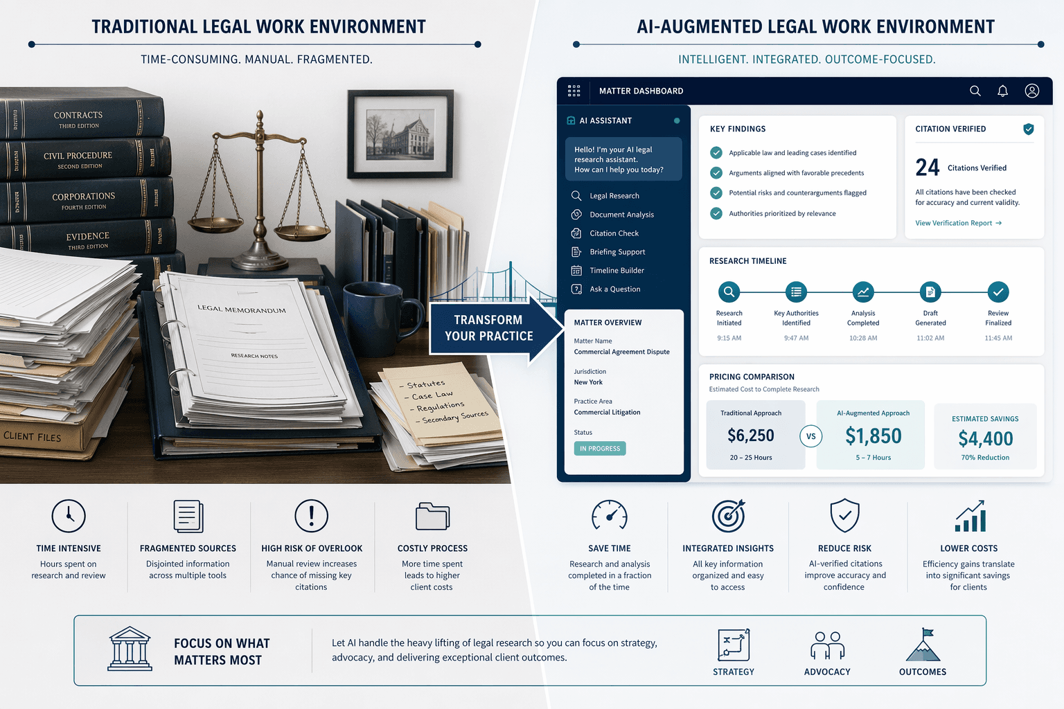 Split-view illustration of a traditional law office desk transforming into a modern digital workspace with an AI dashboard, citation-verified badges, and a pricing comparison card.