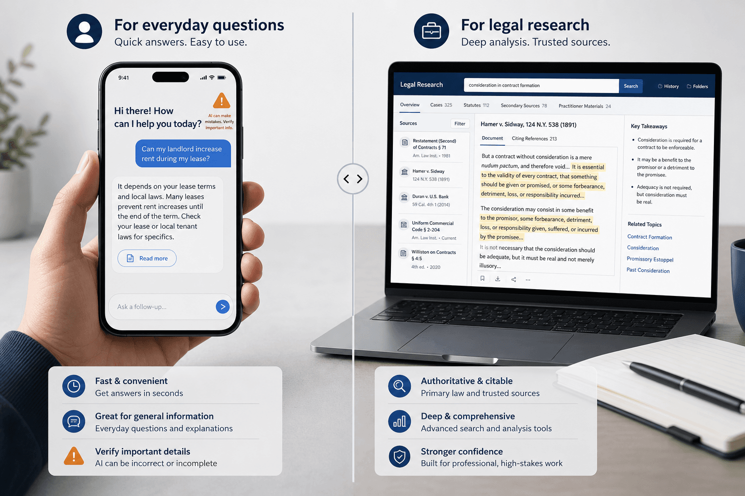 Split editorial scene: on the left, a consumer hand holding a smartphone showing a friendly chatbot interface with a subtle warning icon; on the right, a laptop on a desk displaying a legal research interface with source citations and document highlights.