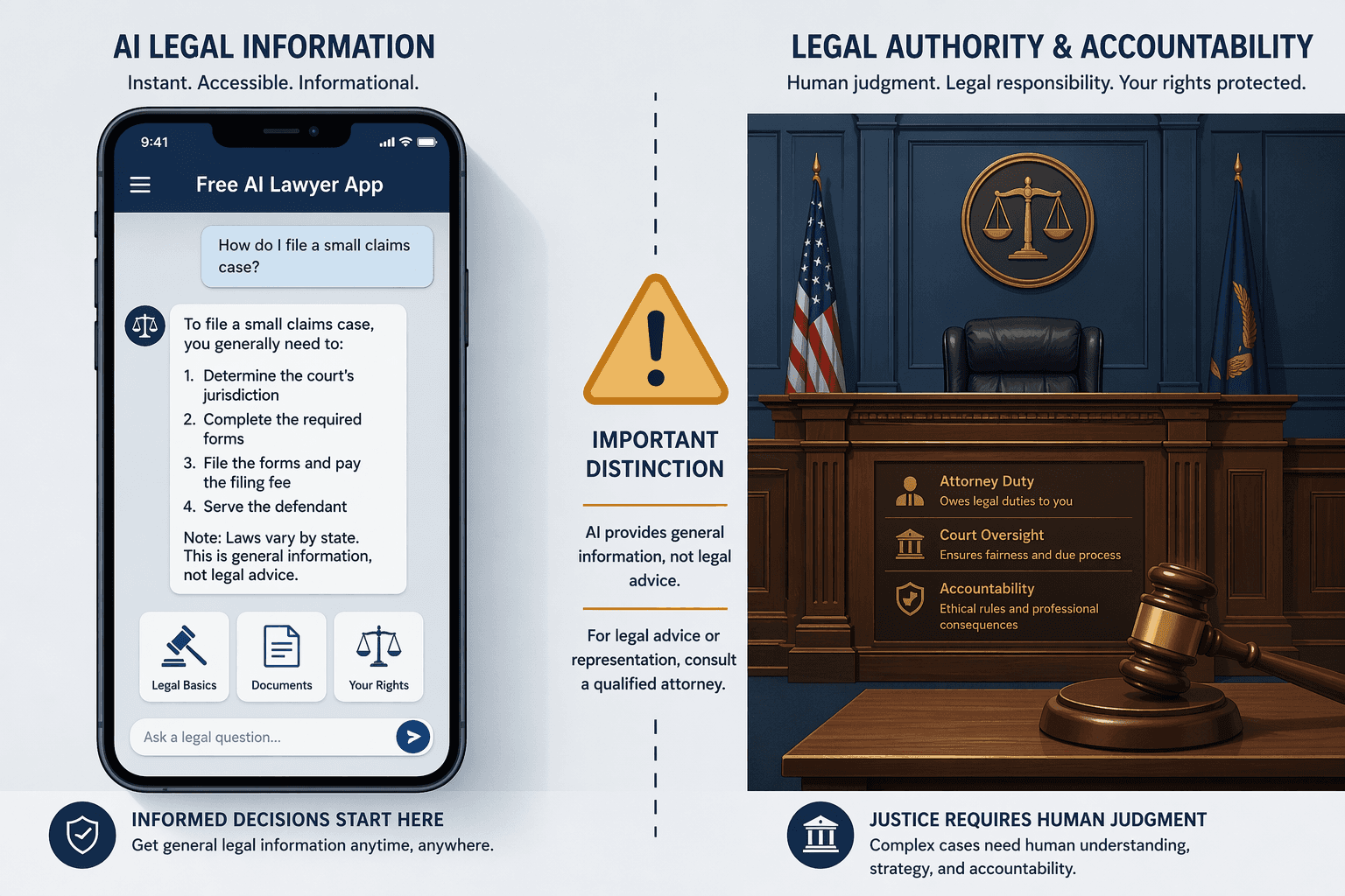 A two-panel flat vector illustration. Left panel shows a smartphone displaying a chat interface labeled 'Free AI Lawyer App' with simplified legal icons in blue and white. Right panel shows a wooden courtroom gavel and bench representing legal authority. A vertical divider with a caution symbol separates the two panels. Deep navy, slate blue, and warm amber color palette on light gray background.