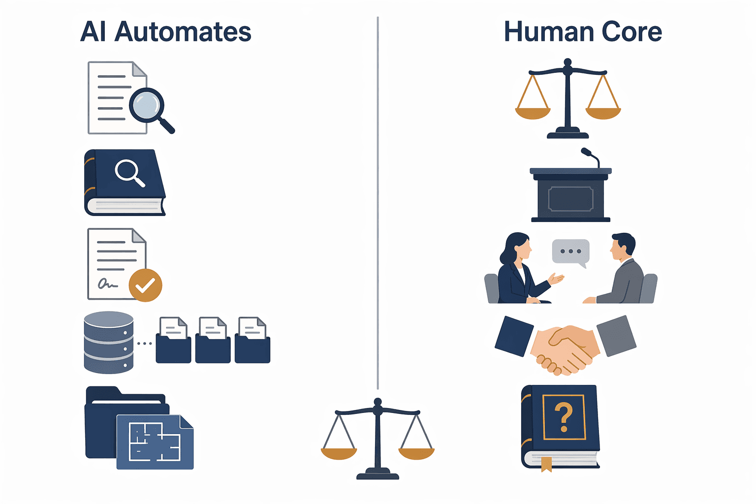 Two-column infographic showing AI-automated tasks on the left and human-core functions on the right, with a balanced scale icon centered below.