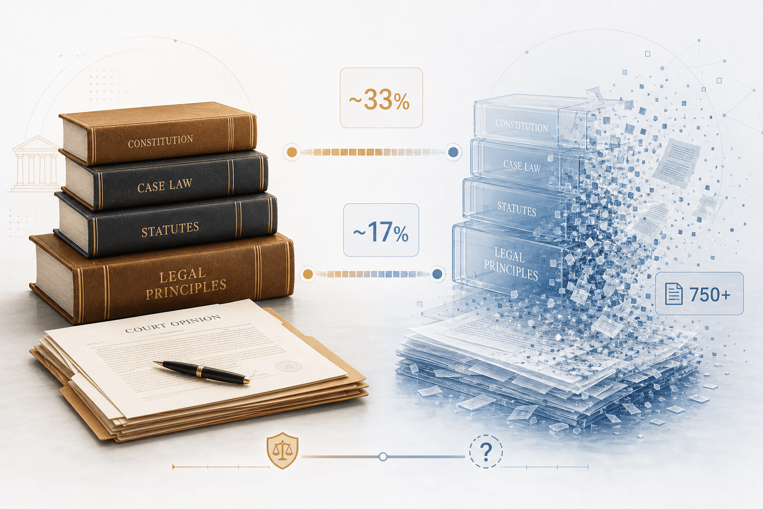 Conceptual illustration showing law books becoming fragmented with percentage badges reading ~33% and ~17% and a 750+ badge.