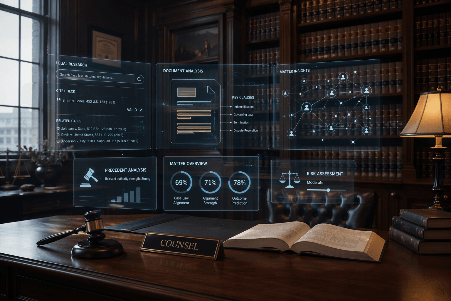 A professional law library interior with wood-paneled shelves and leather-bound books. Translucent holographic data overlays float above a mahogany desk, showing connection nodes, a gavel icon, a contract with highlighted clauses, a search bar with citation marks, a scale of justice, and three glass-panel displays reading 69%, 71%, and 78% in slate blue.