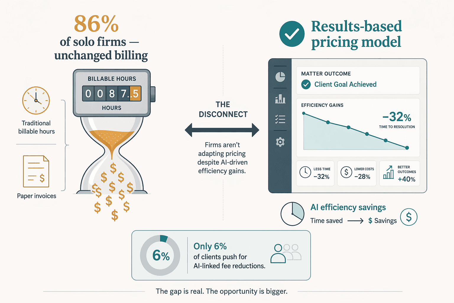 Editorial flat illustration comparing a traditional billable hours clock with dollar signs labeled '86% of solo firms — unchanged billing' on the left against a modern results-based pricing dashboard with efficiency savings on the right, with a disconnect arrow between them and a bottom callout showing 'Only 6% of clients push for AI-linked fee reductions'.