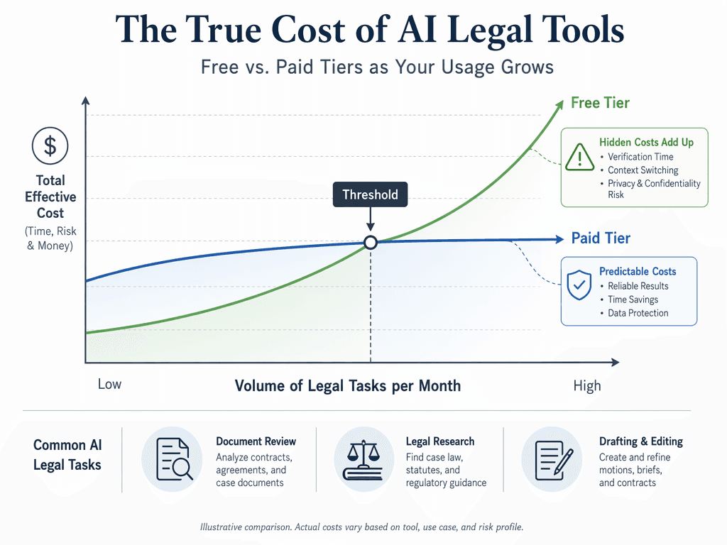 An editorial infographic showing a two-line chart on a 'Volume of Legal Tasks per Month' axis: a green 'Free Tier' line rising steeply from low cost and a blue 'Paid Tier' line starting higher but flattening, with a marked 'Threshold' intersection point and small legal task icons along the bottom.