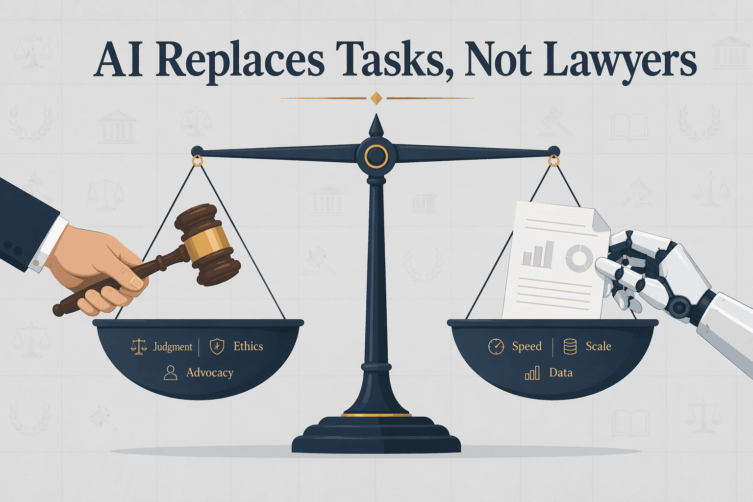 Balanced scale with human hand holding gavel on one side and robotic hand holding document on the other, with text 'AI Replaces Tasks, Not Lawyers'.