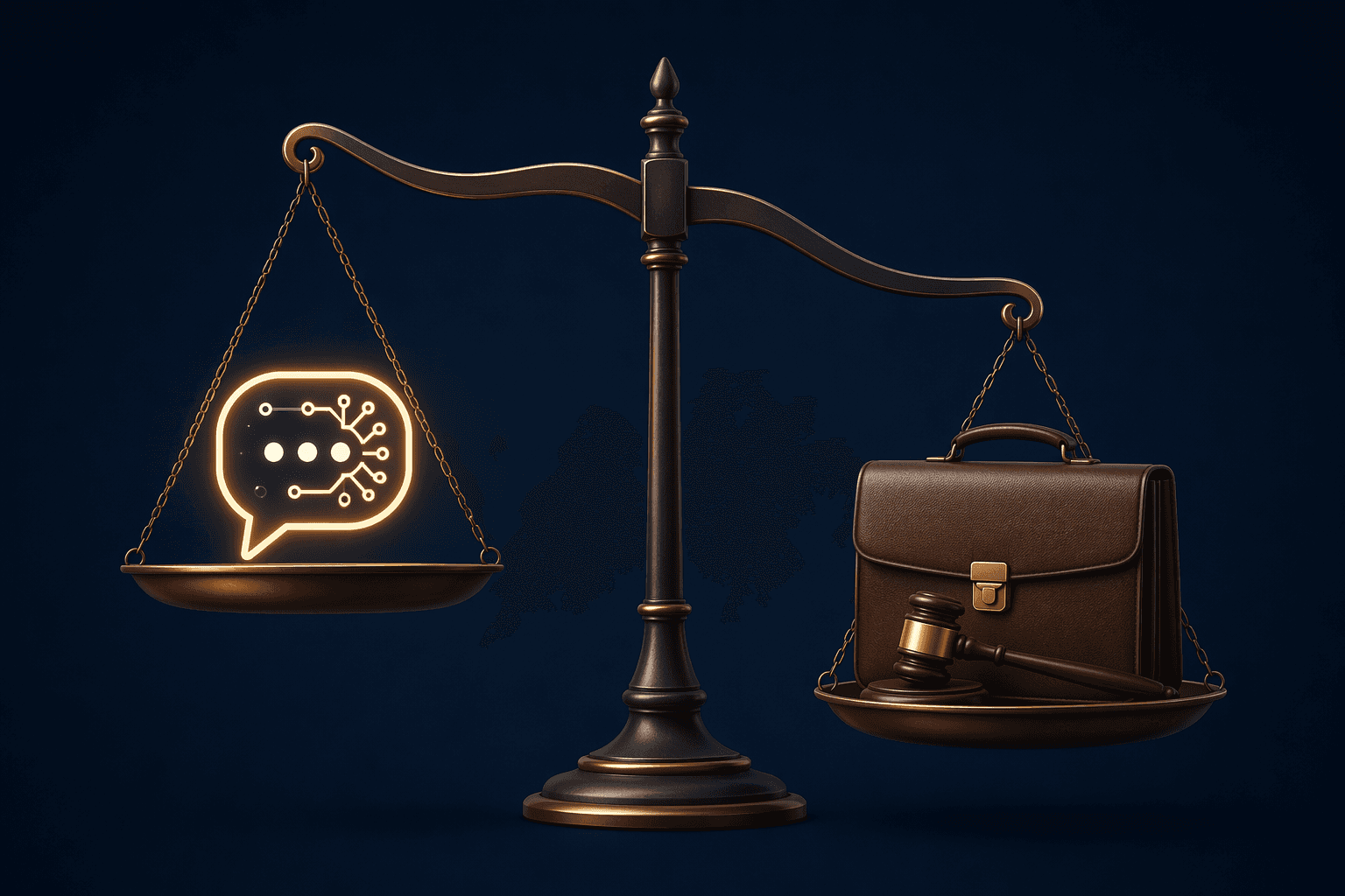 A balance scale with an AI chat icon on one side and a lawyer's briefcase and gavel on the other, tilting slightly toward the traditional side.