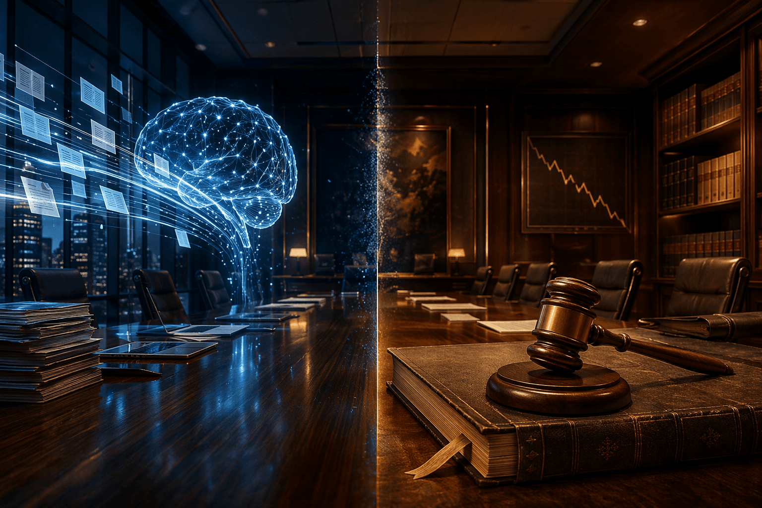Split-scene image of a law firm conference room: glowing digital brain and rapid data streams on the left, traditional gavel and downward-trending financial chart on the right.