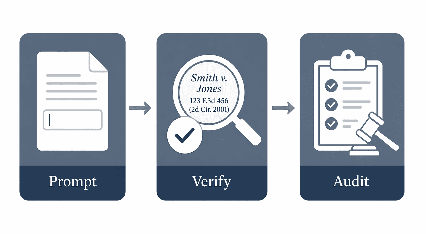 Three-stage workflow diagram: Prompt (document icon), Verify (magnifying glass over citations with checkmark), and Audit (clipboard and gavel icon).