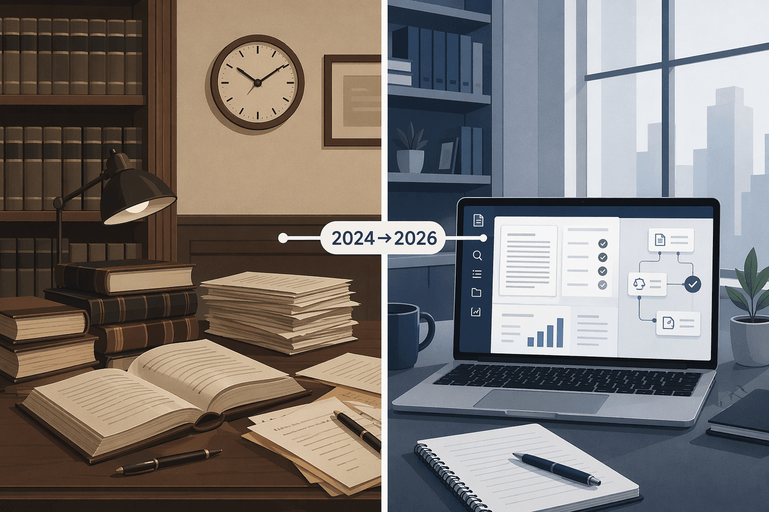 Split-composition illustration showing a sepia-toned law library on the left and a modern AI-assisted desk on the right, connected by a 2024→2026 timeline bridge.