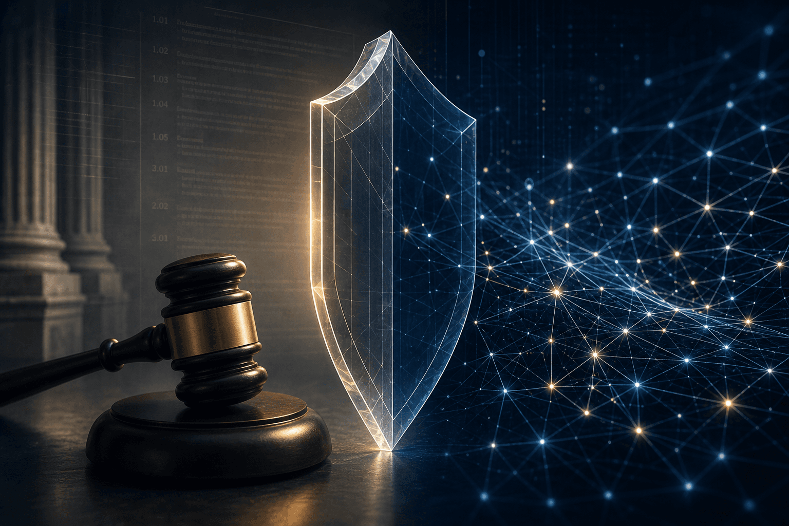 A professional editorial composition with a wooden gavel on the left, a glowing digital neural network grid on the right, and a translucent shield-like barrier between them, all set against a dark navy and slate gray background with amber gold accents.