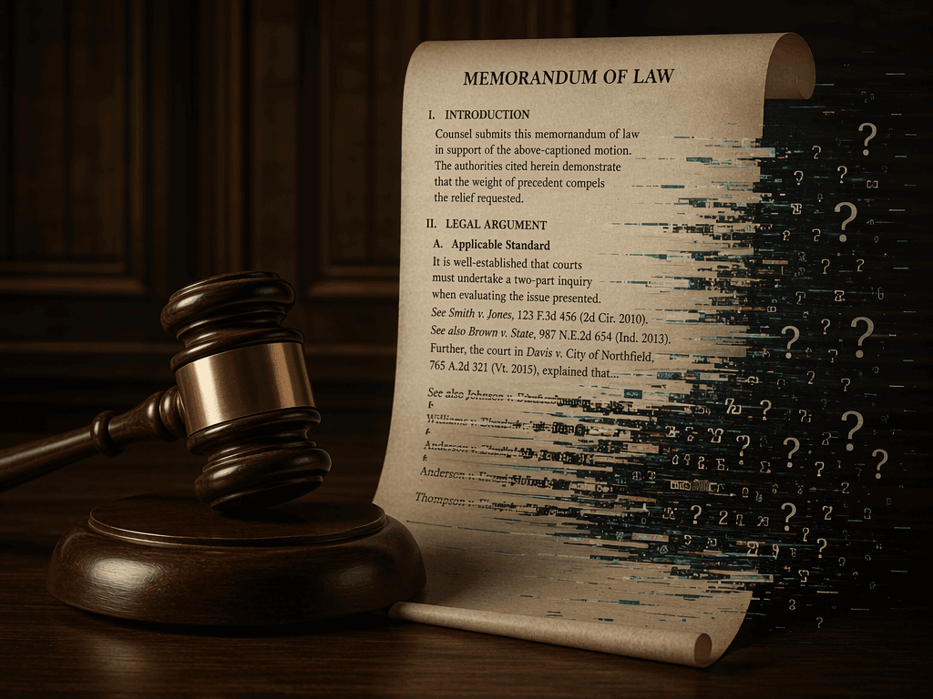 Dark wood panel background with a gavel on the left and a legal document on the right where text dissolves into fragmented symbols and digital glitch distortion.