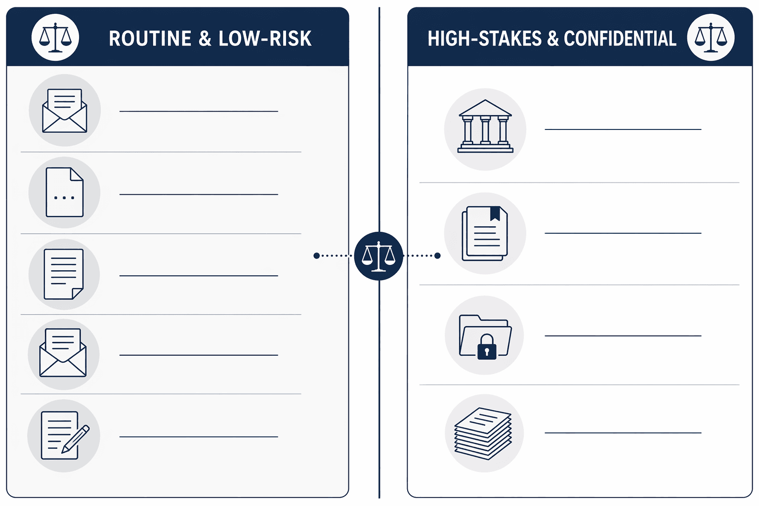 A two-column flat vector infographic dividing legal writing tasks. The left column labeled 'Routine & Low-Risk' shows icons for a demand letter, clause, memo, email template, and initial draft. The right column labeled 'High-Stakes & Confidential' shows icons for a court filing, brief, confidential document, and contract. Small scales sit between the columns.