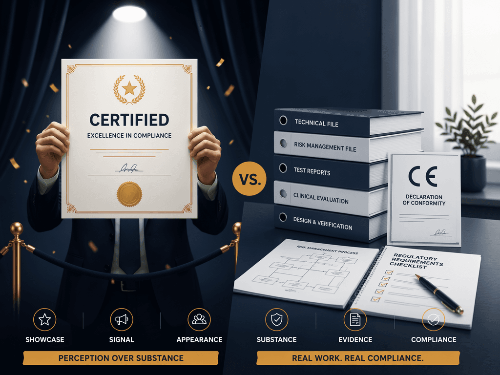 Split editorial illustration contrasting empty certification theater on the left with substantive compliance work on the right, in restrained navy, white, and amber tones.