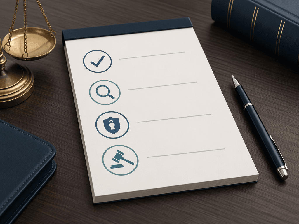 Legal notepad showing four icons arranged vertically: checkmark, magnifying glass, shield and lock, and gavel — representing verify, review, protect, and comply actions.