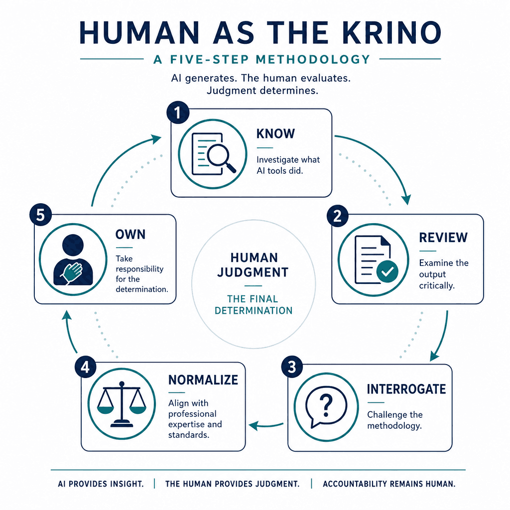 A sequential diagram showing the five steps of the Krino methodology — Know, Review, Interrogate, Normalize, Own — displayed as connected circular nodes with simple icons on a white background in dark blue and teal.