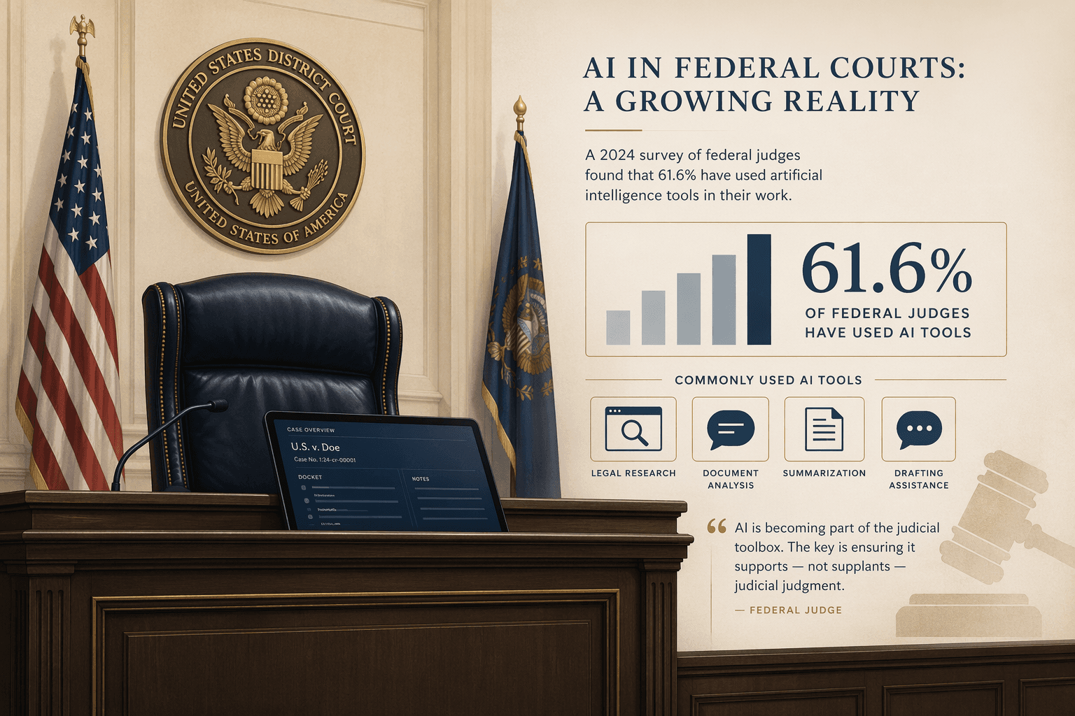 A federal courtroom bench with a tablet integrated into the dark wood workstation, with translucent floating data visualization elements including a 61.6% bar chart, AI tool icons, and a gavel silhouette in deep navy and muted gold tones on a warm light background.