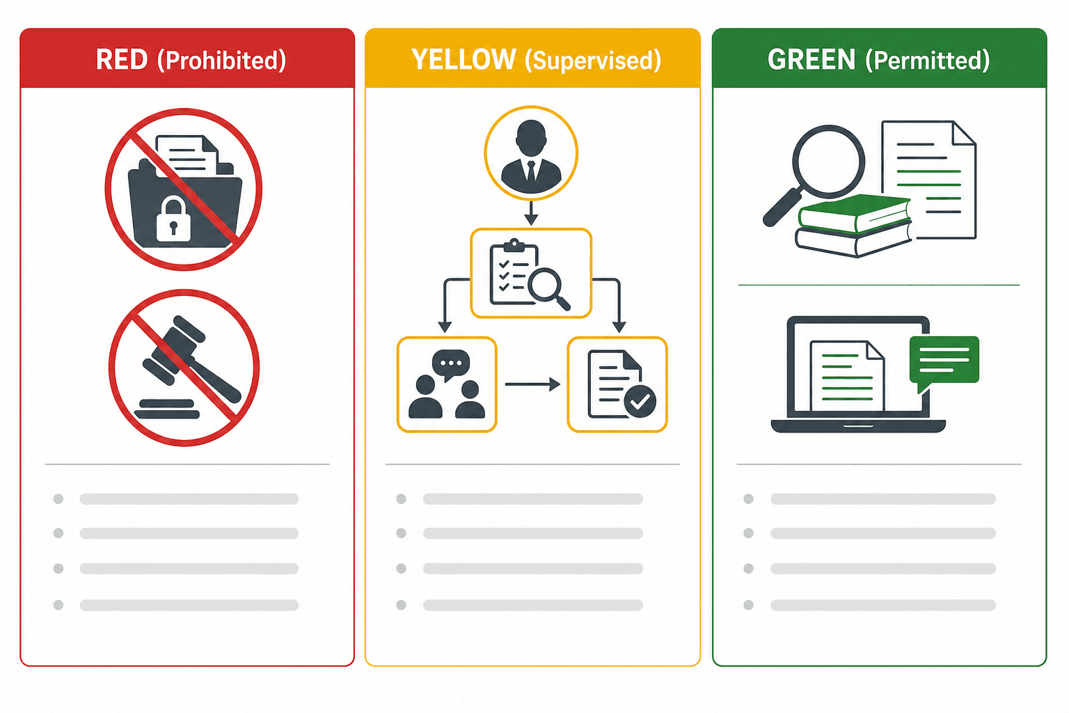 A traffic-light policy matrix with three columns: a red column labeled RED (Prohibited) with crossed-out icons, an amber column labeled YELLOW (Supervised) with a lawyer-in-the-loop icon, and a green column labeled GREEN (Permitted) with research and drafting icons, all on a white background.