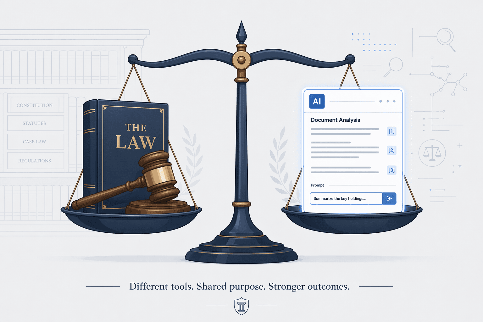 A flat vector illustration of a balanced scale. One side holds a leather-bound law book and a brass gavel, and the other side holds a glowing digital document with a prompt bar and citation markers, against a light-gray background with navy and white tones.