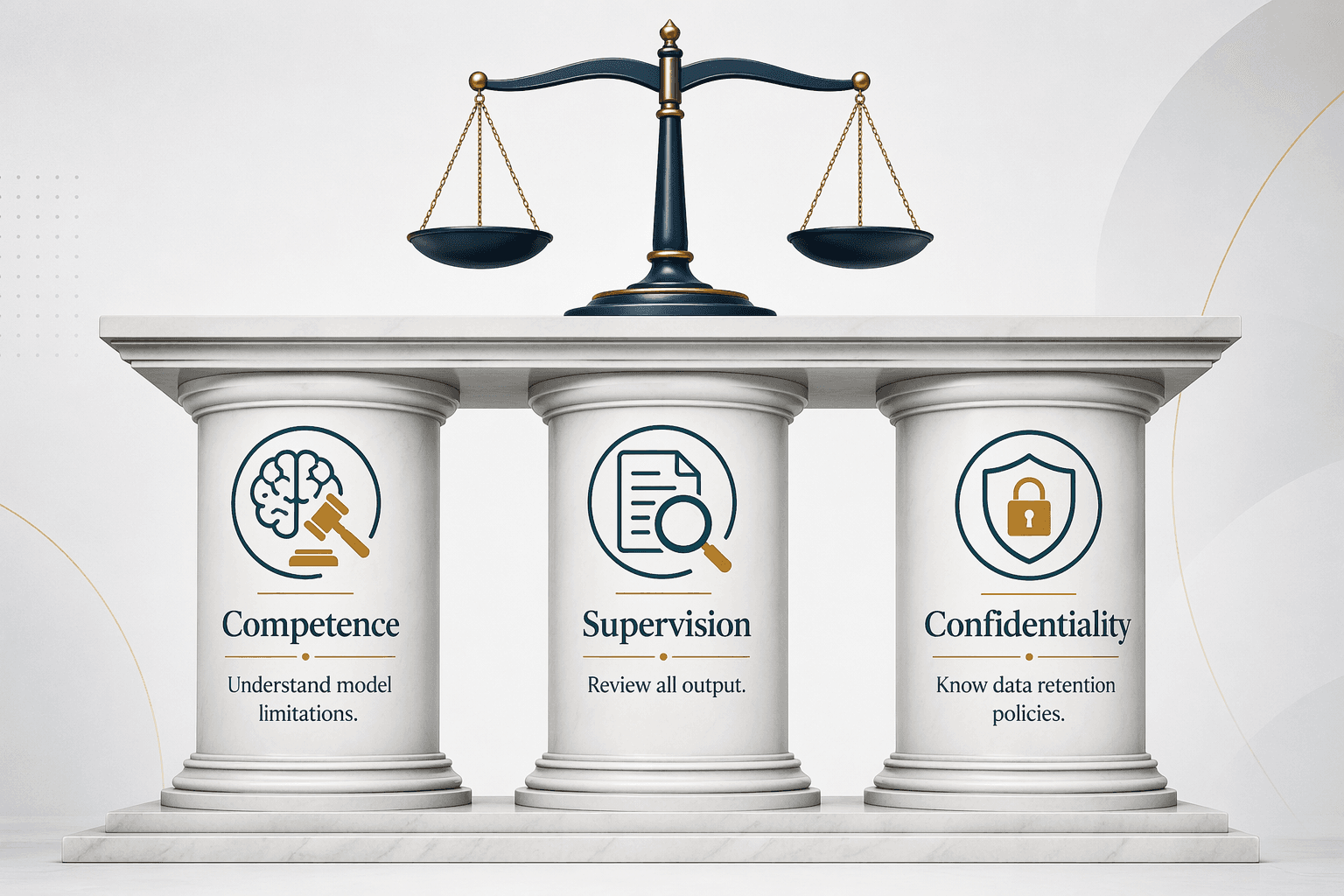 Three pillar columns illustration representing ABA Formal Opinion 512's duties: a brain-gavel icon labeled 'Competence' with subtext 'Understand model limitations,' a magnifying glass icon labeled 'Supervision' with subtext 'Review all output,' and a shield-lock icon labeled 'Confidentiality' with subtext 'Know data retention policies,' all supporting a balanced justice scale at the base.