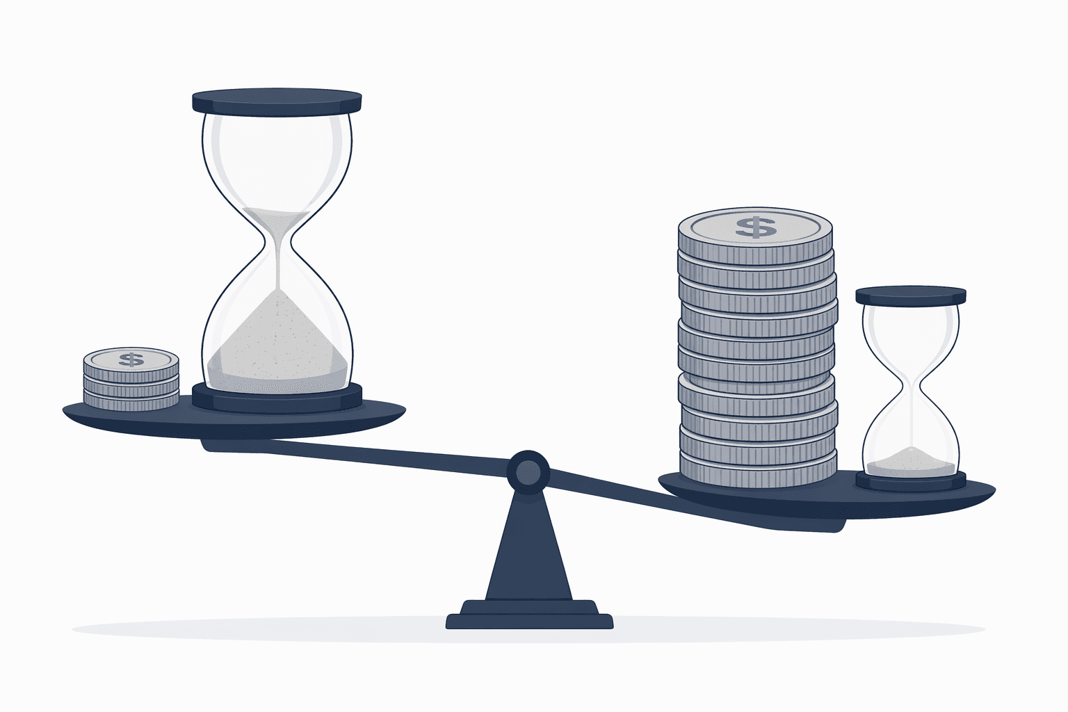 A flat vector seesaw comparison. The left side shows a small coin stack with a large hourglass mostly full of sand, representing lower cost but higher verification time. The right side shows a larger coin stack with a small hourglass containing little sand, representing higher cost but lower verification time. Muted navy, white, and gray palette.