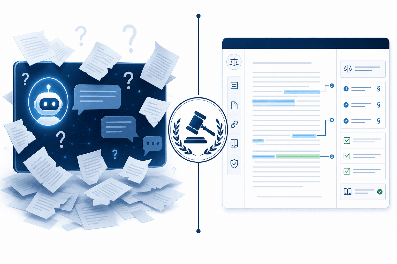 Split-comparison visual: left side shows a generic AI chatbot with scattered document fragments and question marks; right side shows a structured legal document review interface with highlighted clauses and checkmarks; a professional responsibility seal icon divides the two sides.