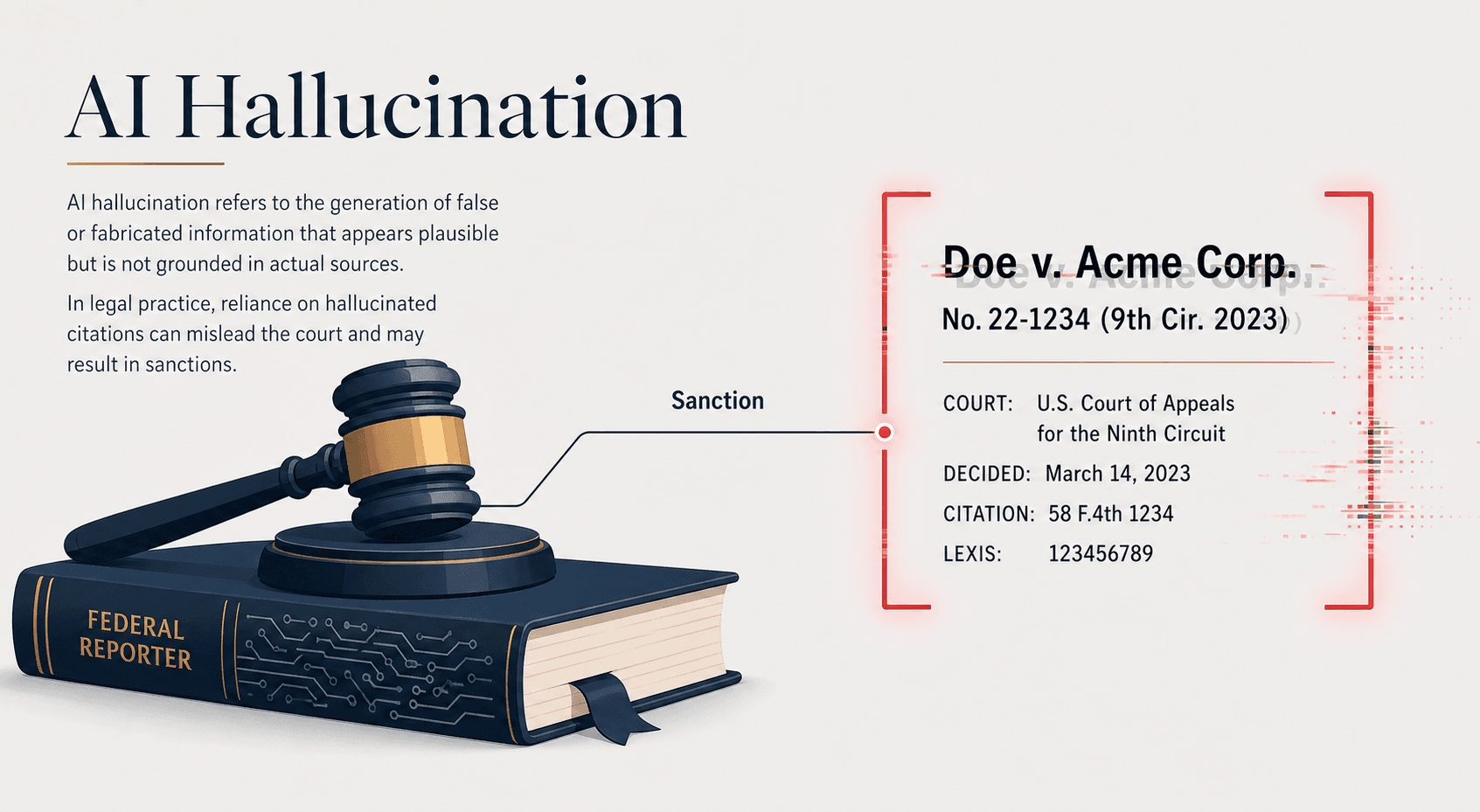 A judge's gavel rests on a law book with a circuit-board pattern in the binding. A faint red error bracket glitches around a fabricated case citation showing a docket number and case name with ghost artifacts. A thin line connects the gavel to the citation with a 'Sanction' label.
