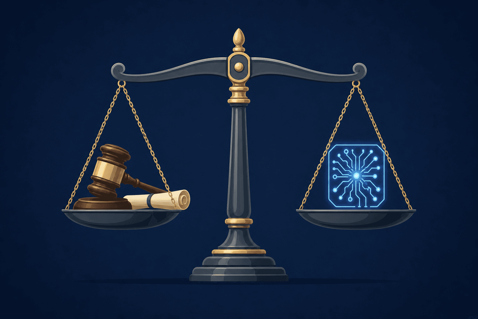 A balanced justice scale with a lawyer's gavel and brief on one side and a glowing circuit-board icon on the other, symbolizing the unresolved tension between traditional legal practice and AI.