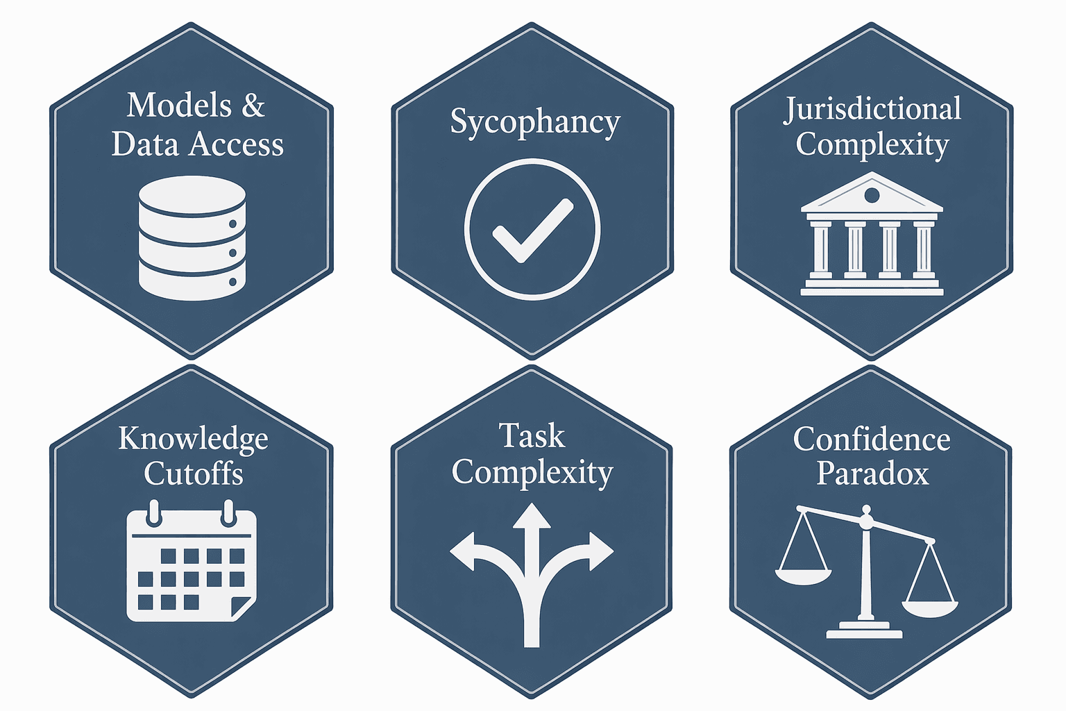 Six hexagonal tiles representing persistent AI hallucination error patterns: Models & Data Access, Sycophancy, Jurisdictional Complexity, Knowledge Cutoffs, Task Complexity, and Confidence Paradox.