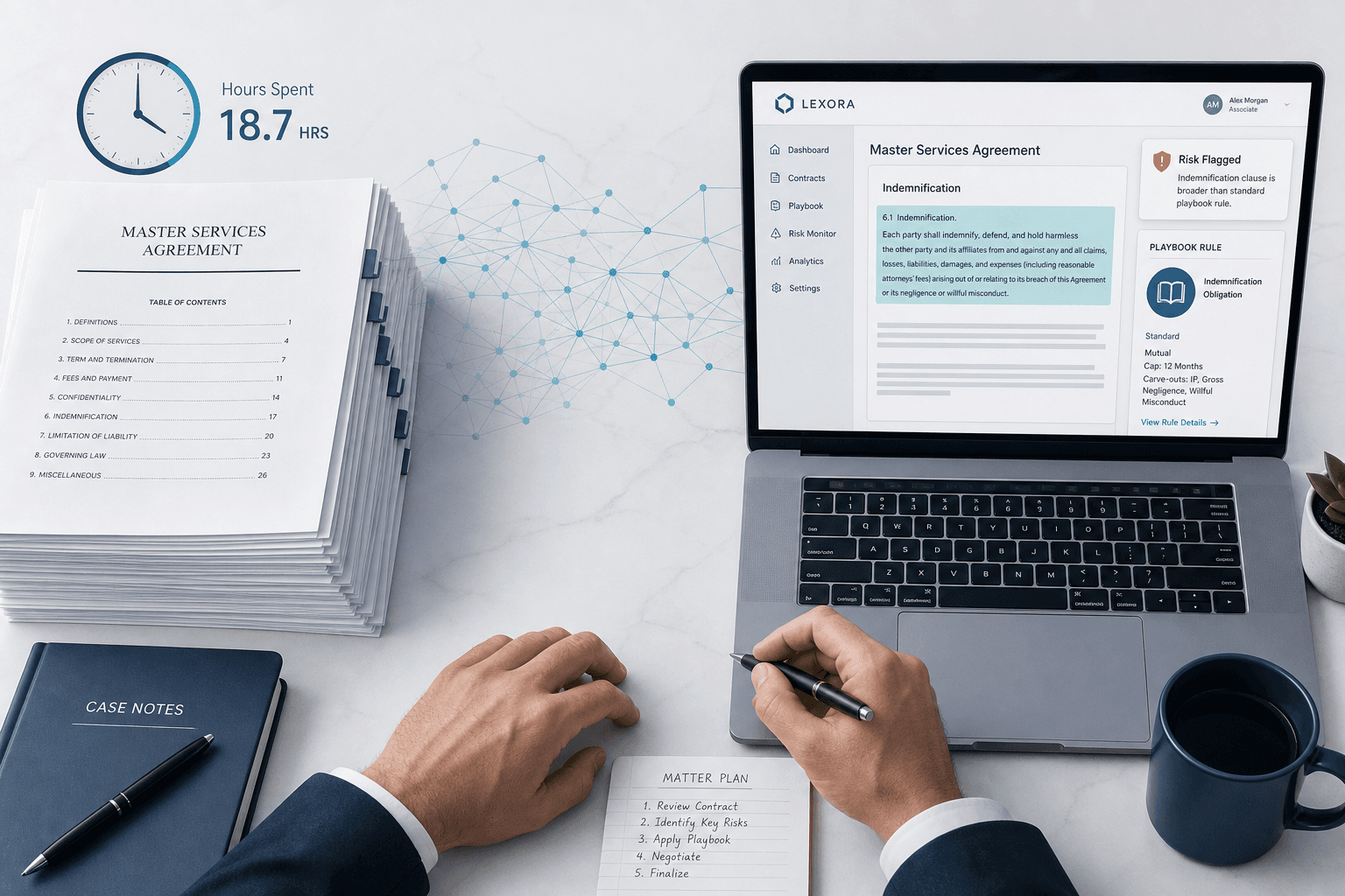 Split-screen composition showing traditional paper-based contract review on the left and a digital AI-assisted contract review dashboard on the right, with neural-network-like connection lines in the background.