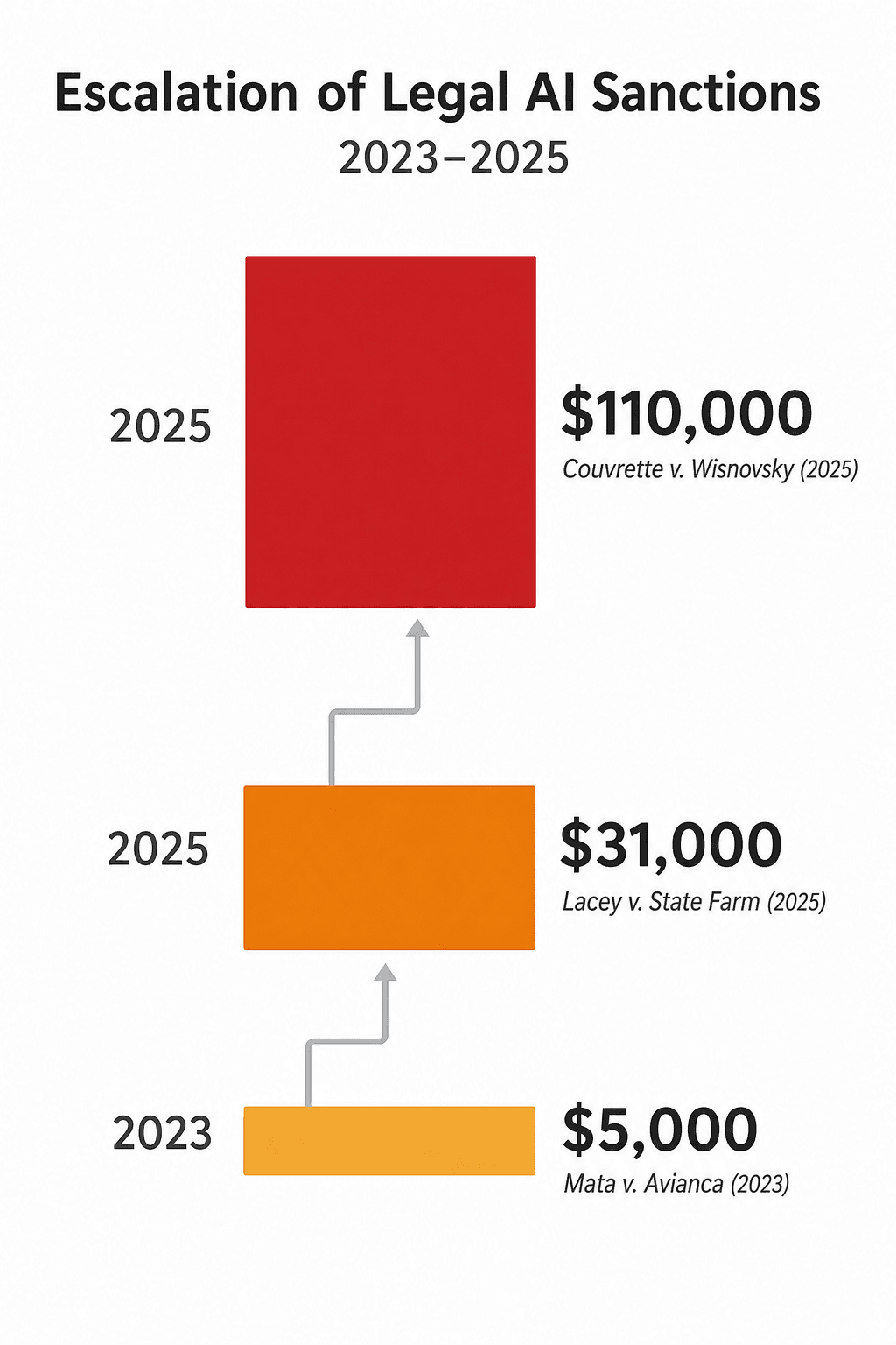 A stepped timeline chart with three ascending horizontal bars labeled Mata v. Avianca (2023) at $5,000 in muted amber, Lacey v. State Farm (2025) at $31,000 in orange, and Couvrette v. Wisnovsky (2025) at $110,000 in deep red, connected by an upward arrow on a white background.
